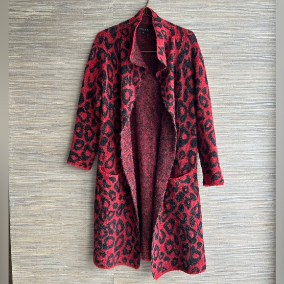 Joseph A Sweaters - Leopard Print Open Front Notched Collar Long Sleeve Sweater Coat Size M